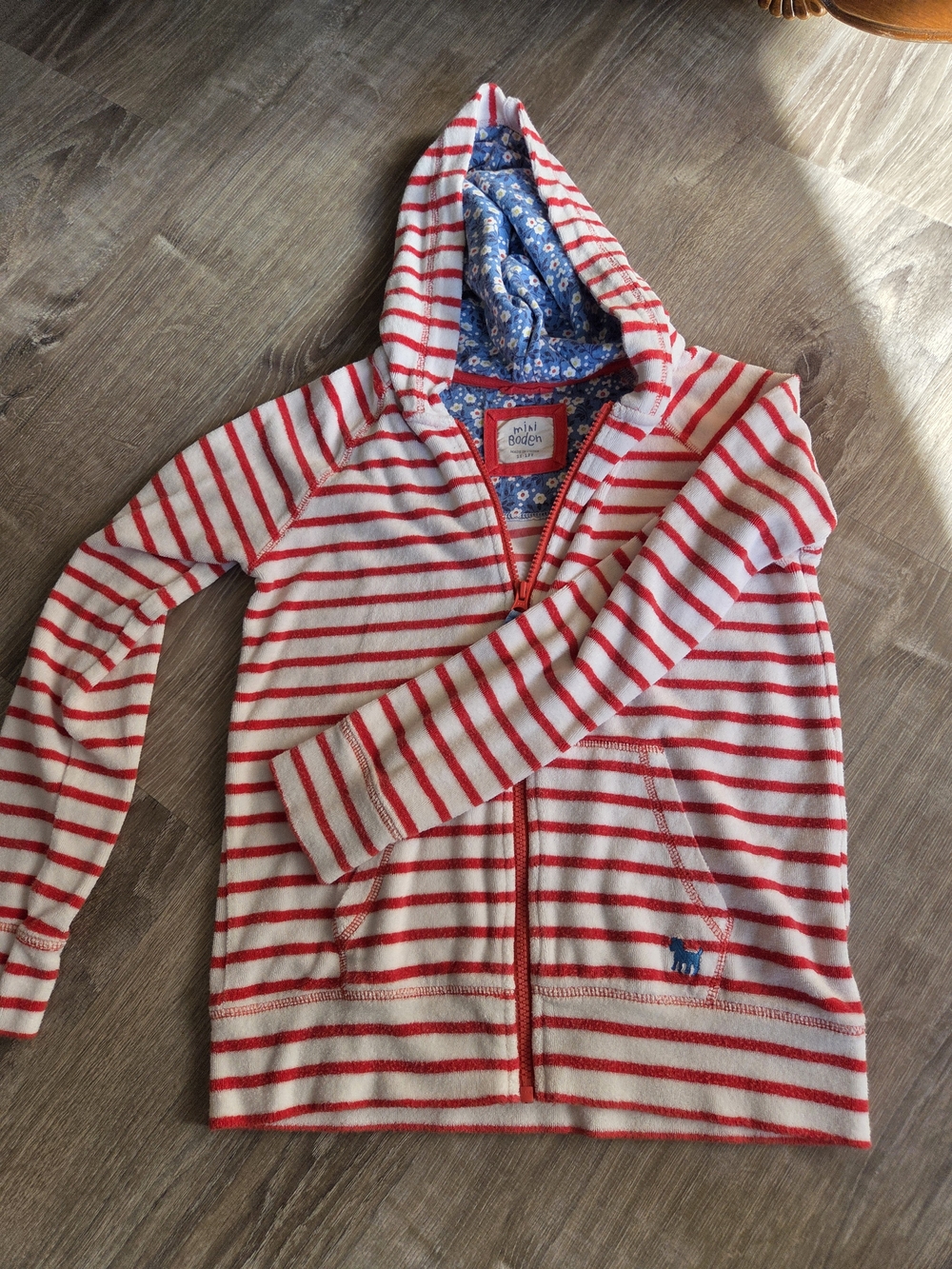 Boden Terry Red and White Striped Hooded Zip Jacket with Blue Lined Hood
